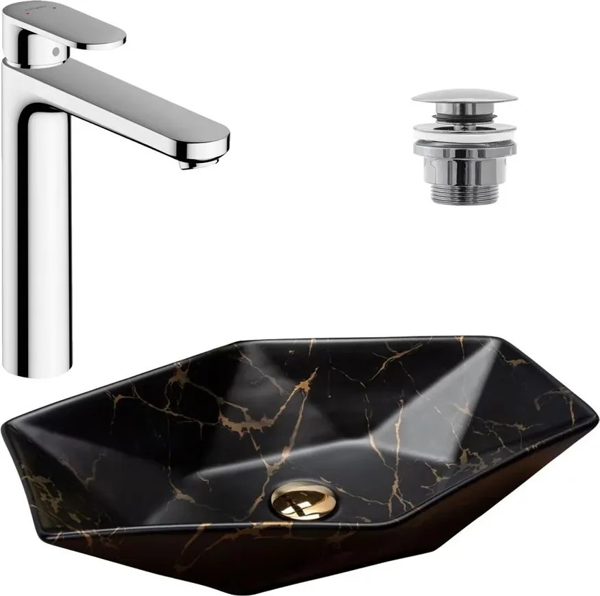 Pachet lavoar pe blat Rea Cleo alb 61 cm, baterie lavoar Hansgrohe Vernis Blend negru si ventil lavoar Click-Clack D negru
