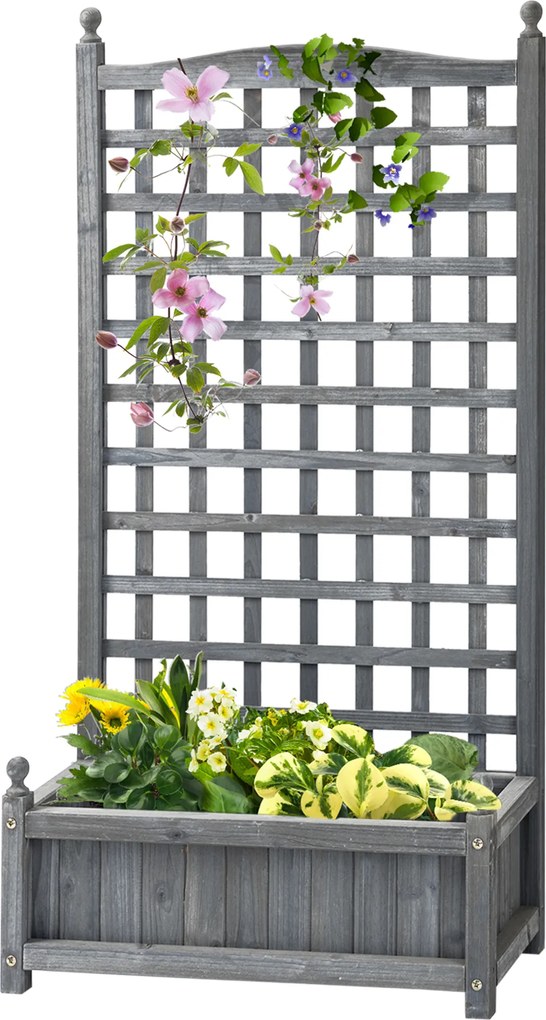 Outsunny jardinieră înălțată cu spalier, jardinieră pentru flori, arc pentru trandafiri cu suport pentru plante cățărătoare, lemn, gri, 64 x 28 x 120 cm | Aosom Romania