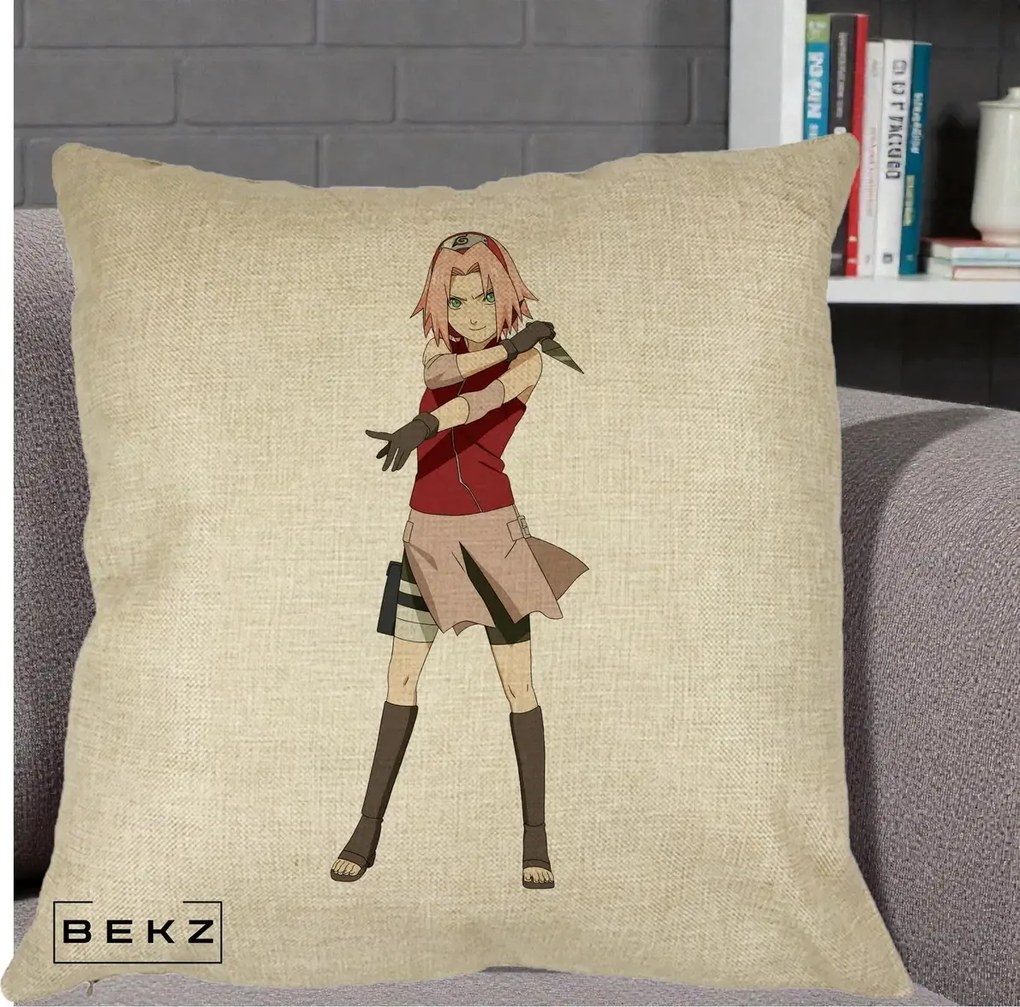 Perna Personalizata Naruto Sakura Haruno Portret, 40x40 cm, Crem, Husa Detasabila, Perna Inclusa, BEKZ®
