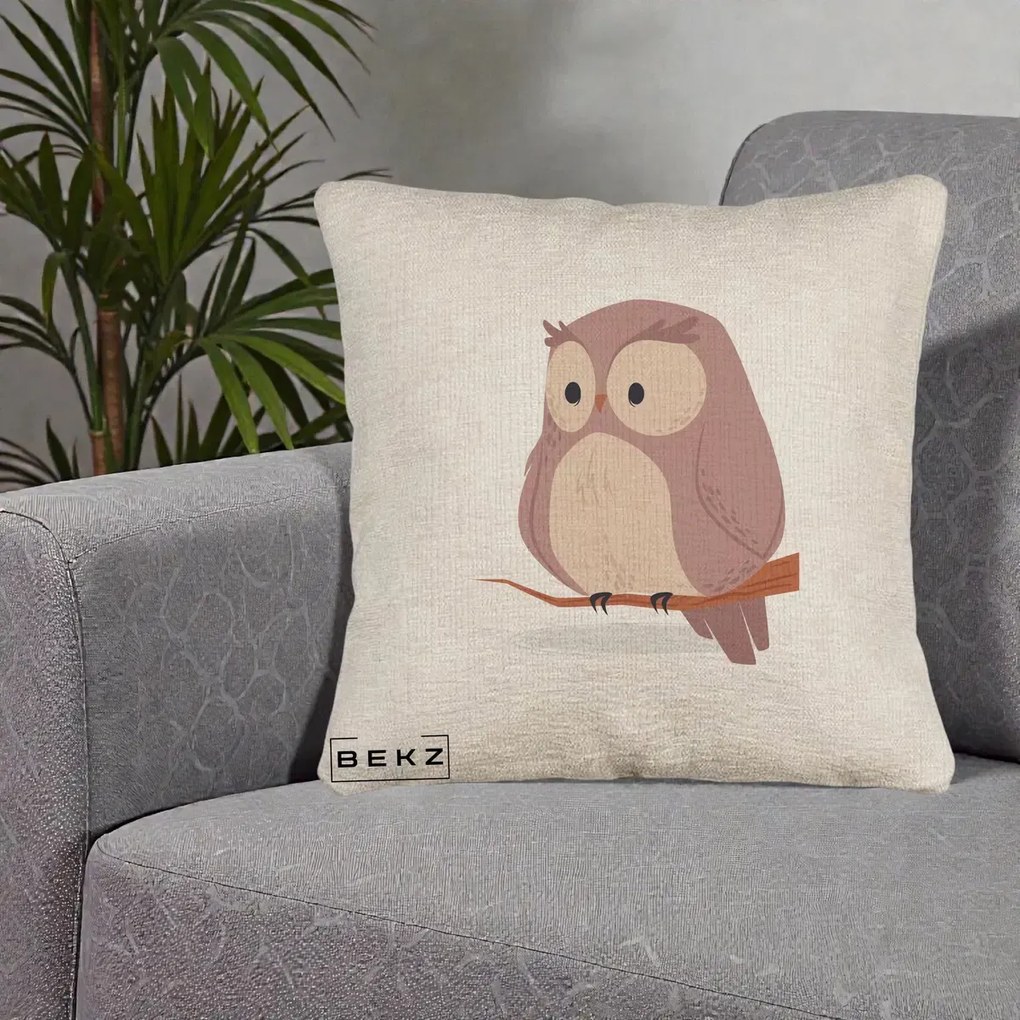 Perna Decorativa Bufnita Kawaii pe Creanga, 40x40 cm, Bej Canapea, Husa Detasabila, Perna Inclusa, BEKZ®