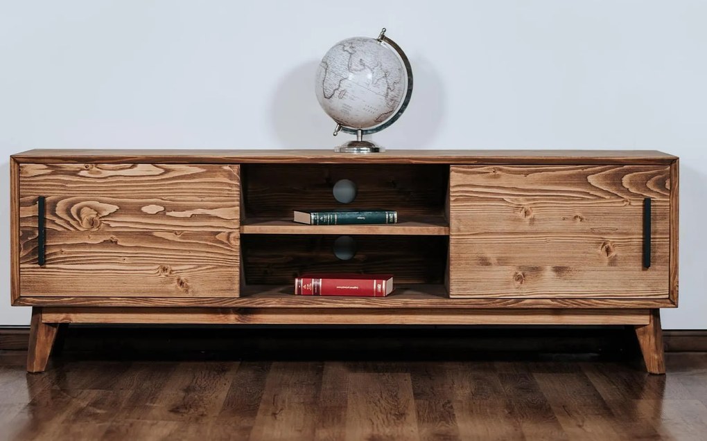 Comodă TV lemn masiv Timeless 2 Uși culisante 2 Nișe Whisky, 146 × 40 × 48 cm