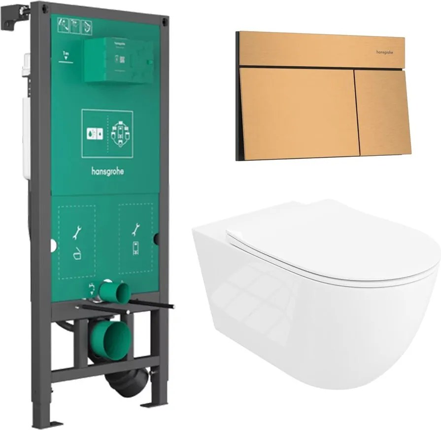 Rezervor incastrat Hansgrohe iFrame 112 cm cu clapeta iFrame Element E bronz periat plus vas WC Rune Ivaldi Grande alb cu capac softclose