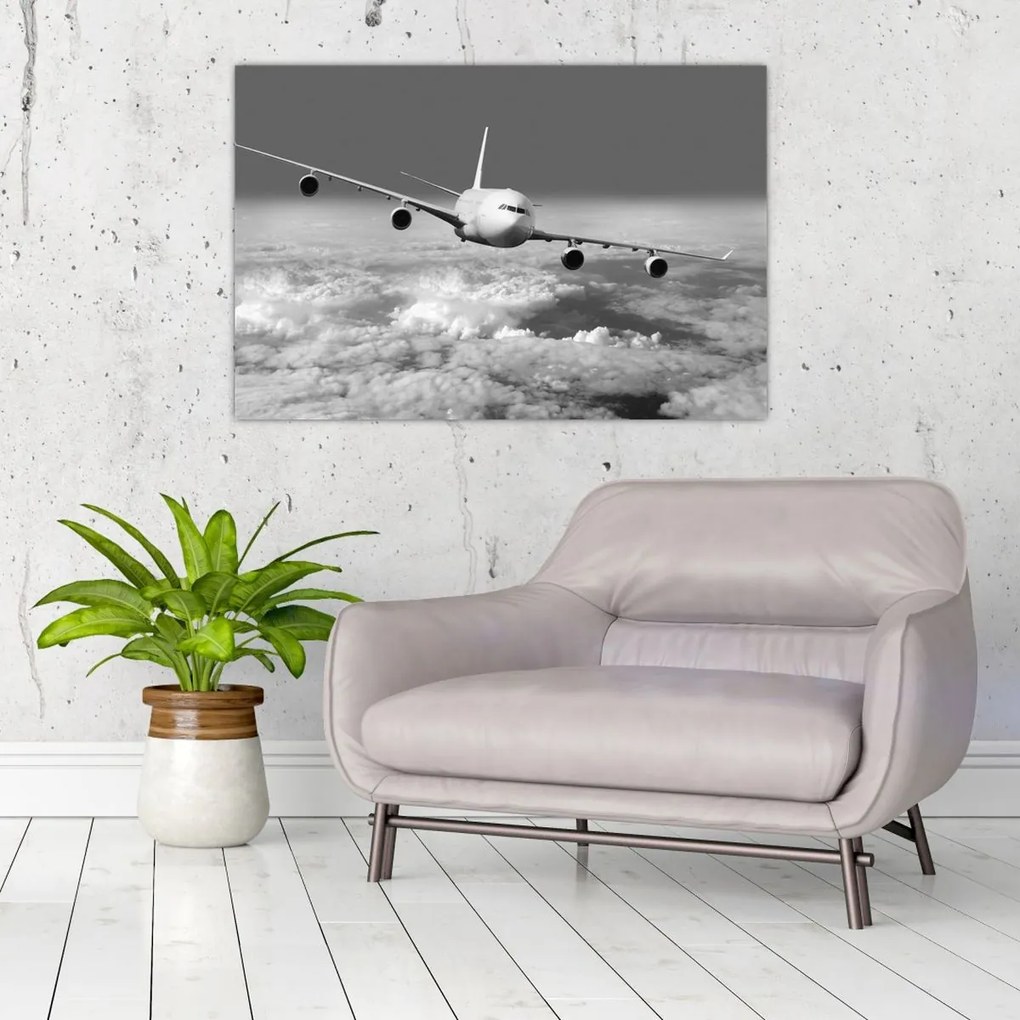 Tablou - Avion în nori, alb și negru (90x60 cm)