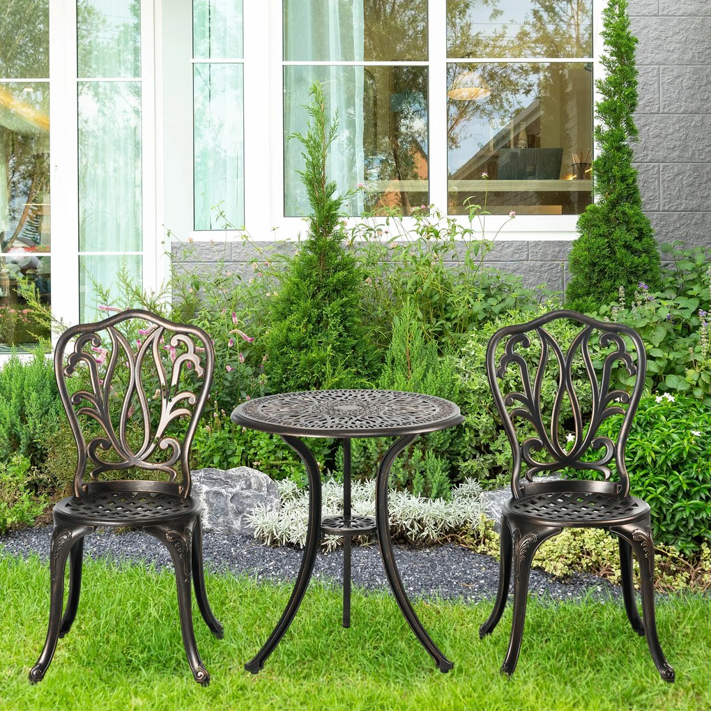 Outsunny Set Mobilier Grădină 2 Persoane 2 scaune și Masă Rotundă stil retro din aluminiu turnat, bronz | Aosom Romania