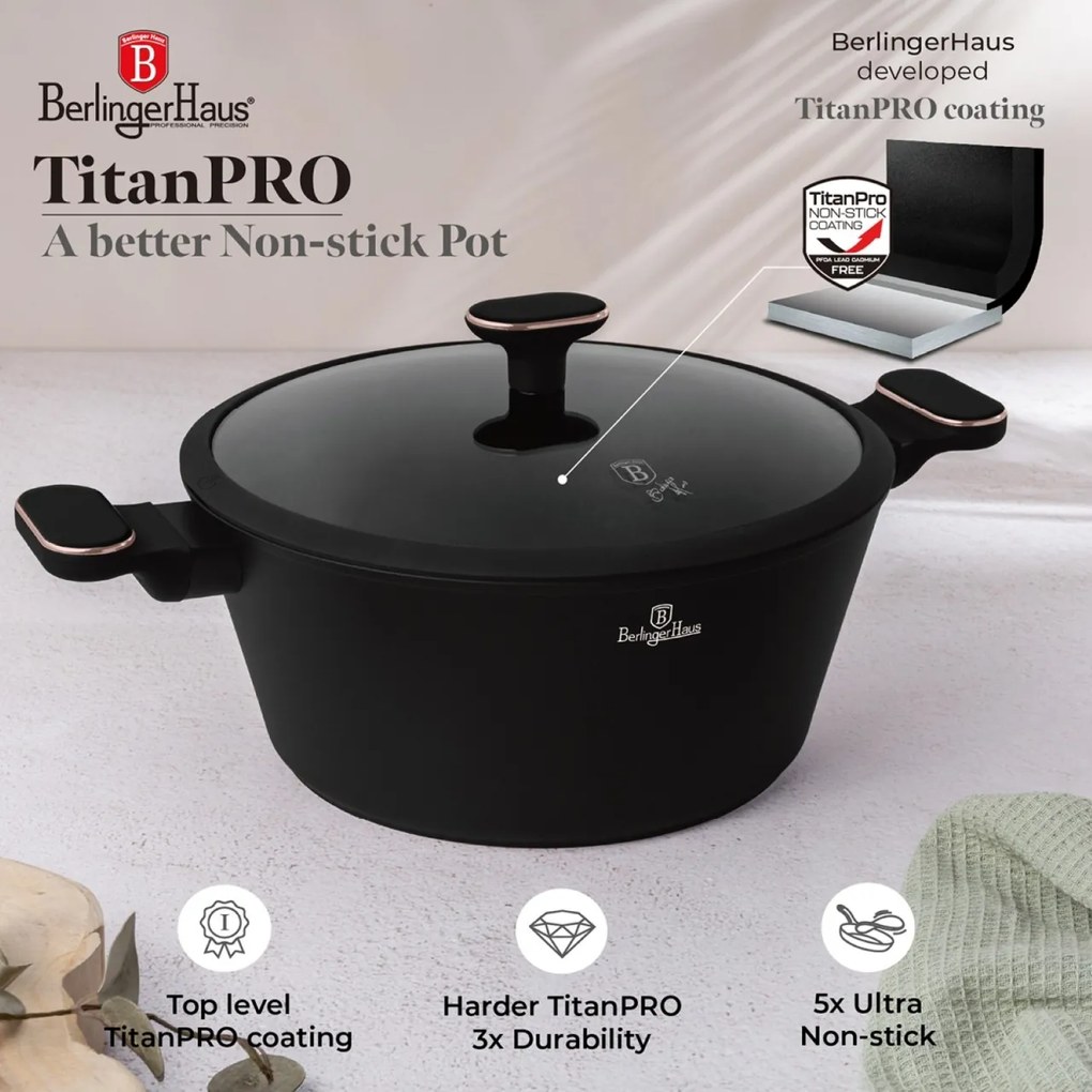 Set oale si tigai 15 piese Black Rose Berlinger Haus BH 8363, negre, înveliș antiaderent titan, compatibile inducție