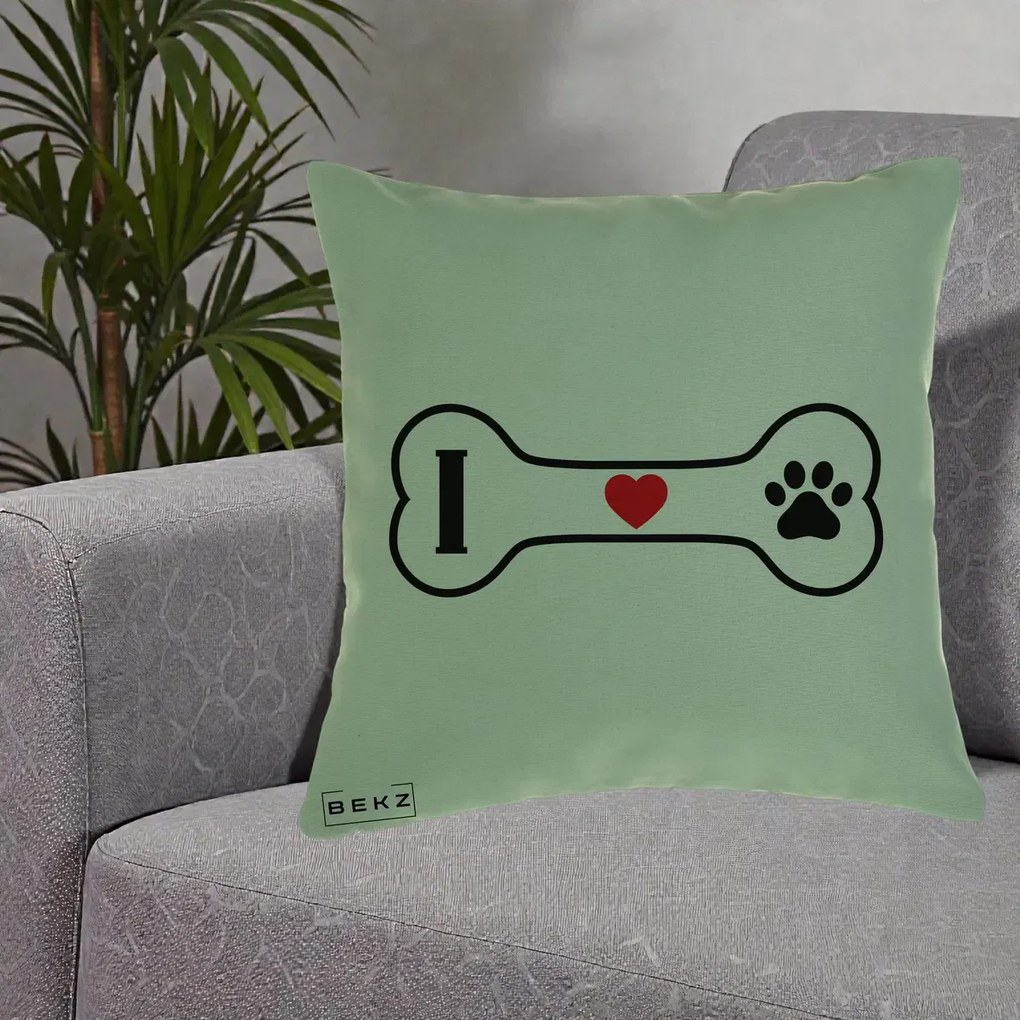 Perna Personalizata I Love Dog Os si Labuta, 40x40 cm, Verde, Husa Detasabila, Perna Inclusa, BEKZ®