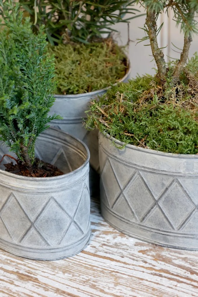 Set 3 jardiniere vintage din metal, finisaj zinc antichizat