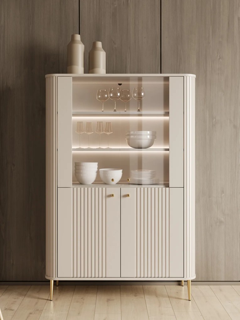 Vitrină Vesper 103 cm cu 4 uși - cașmir / picioare aurii