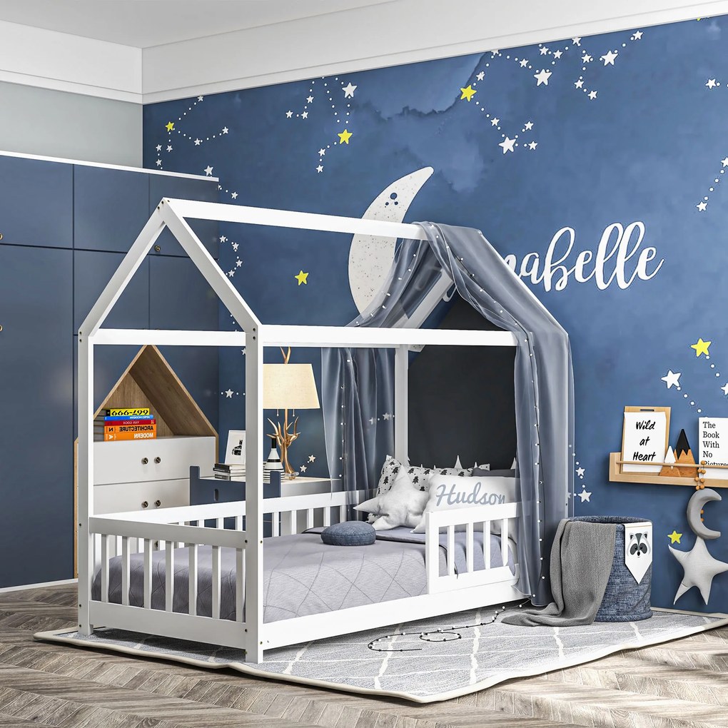 HOMCOM Pat Montessori pentru Copii în Formă de Căsuță cu 15 Șipci și Bariere de Protecție, 96x195x165 cm, Alb | Aosom Romania