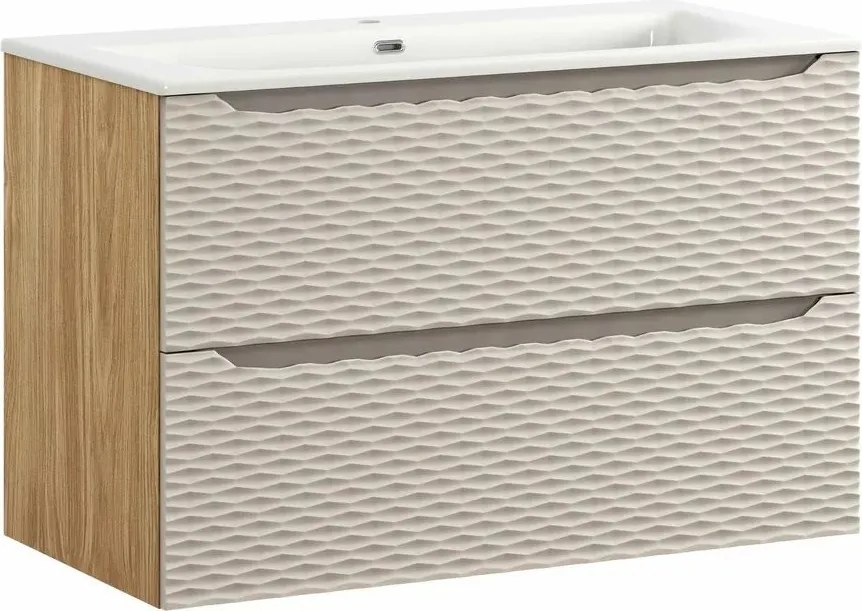 Set dulap baza suspendat 90 cm cu lavoar Comad Ocean bej si stejar uleiat