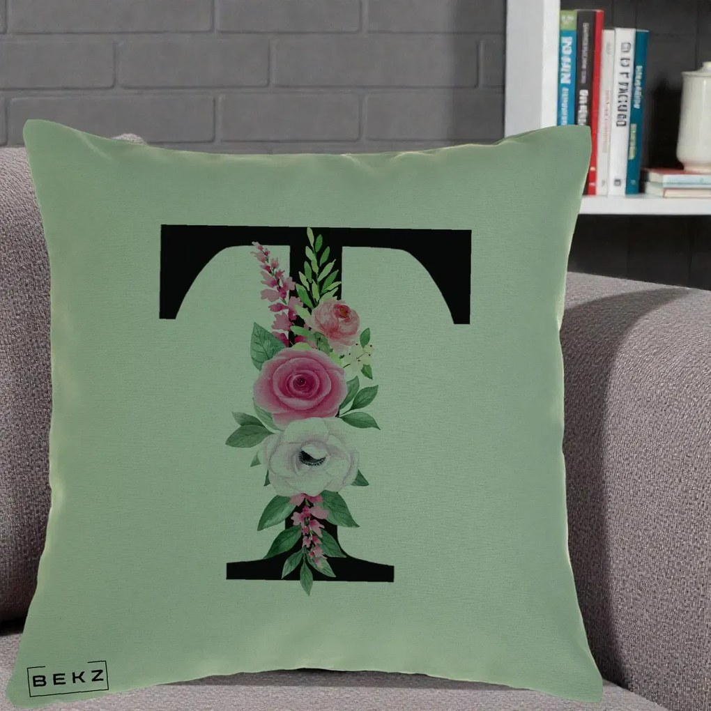 Cadou Personalizat - Perna Personalizata Monograma Florala Litera T, 40x40 cm, Verde, Husa Detasabila, Perna Inclusa, BEKZ®