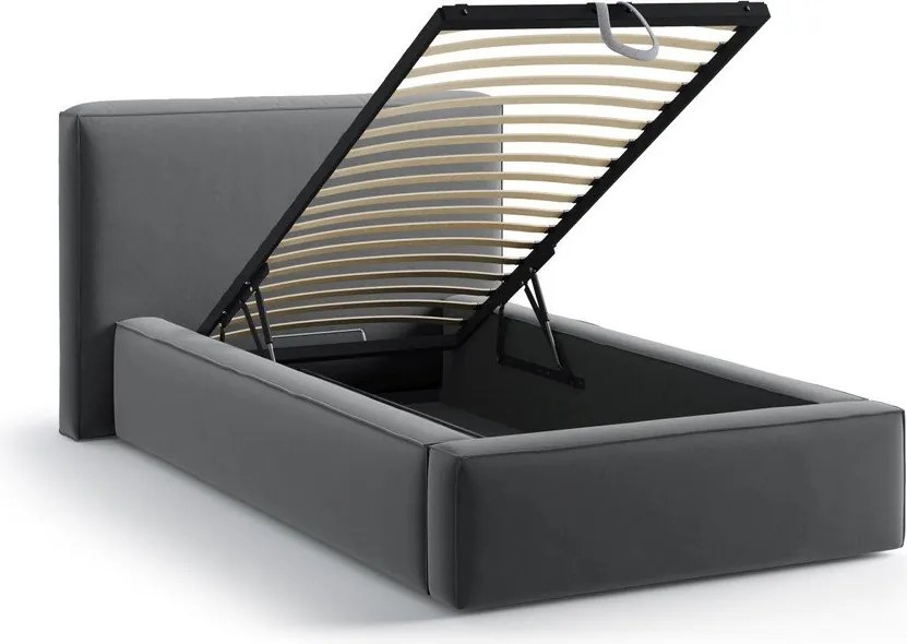 Pat gri tapițat cu spațiu de depozitare cu somieră 90x200 cm Jodie – Micadoni