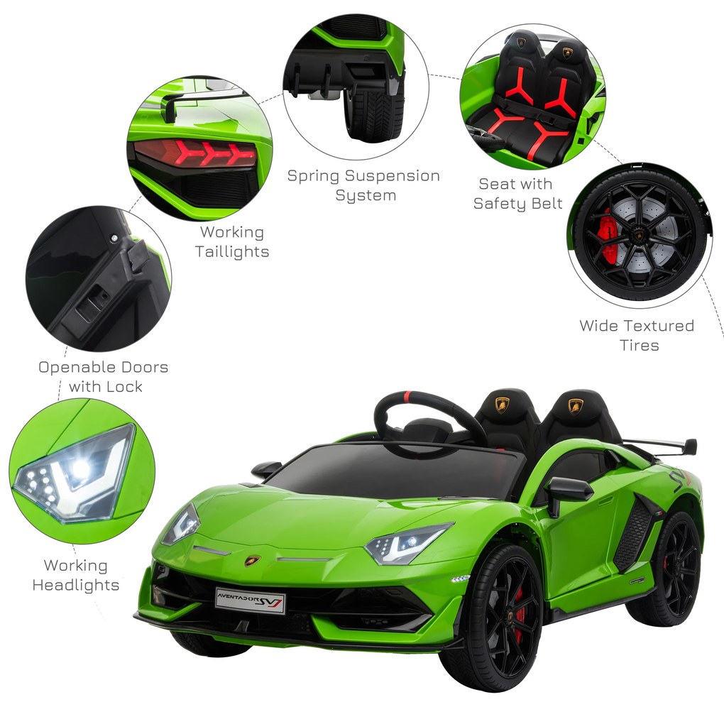 HOMCOM Masina Electrica pentru Copii, Automobil Lamborghini Aventador cu Telecomanda, Faruri LED, Muzica, Varsta 3-8 Ani, Verde | Aosom Romania