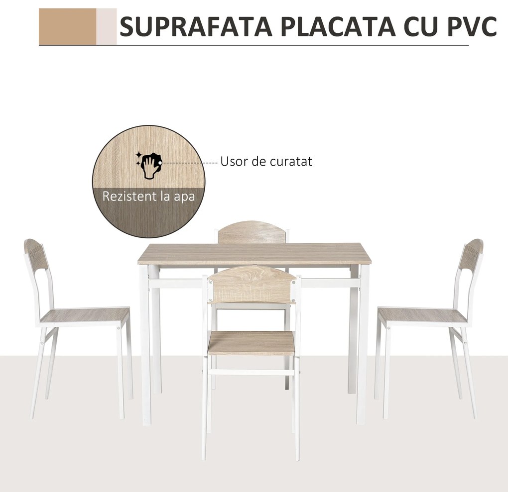 HOMCOM Set Masă de Prânz din 5 Piese cu 1 Masă Dreptunghiulară și 4 Scaune, 100x63x76,5 cm, Gri și Alb | Aosom Romania