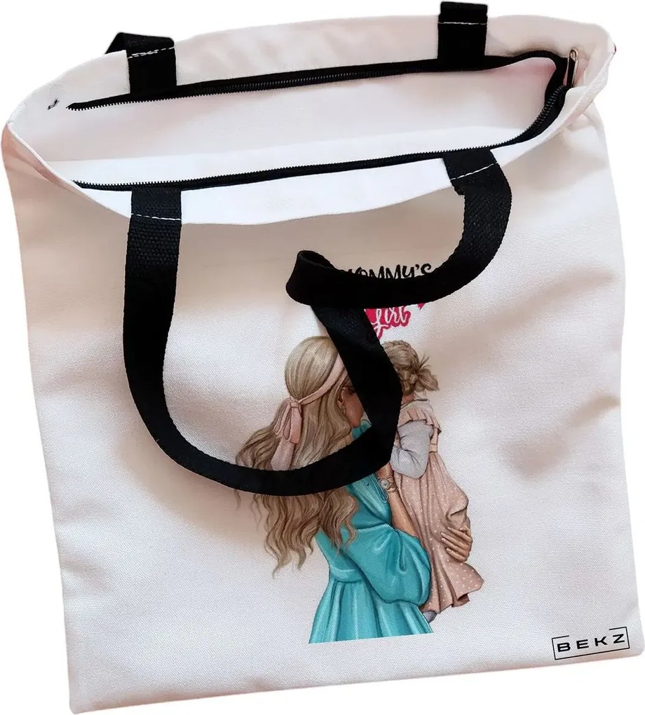 Sacosa de Panza pentru Cumparaturi, Geanta Tote, model Mommy's Girl, Cu fermoar, 38x34.5 cm, Alba, BEKZ®