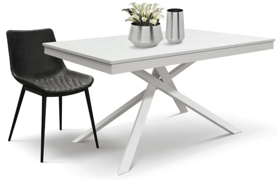 Masa Tiglio, blat extensibil pal laminat, picior metalic - BLAT GRI CIMENT, PICIOR ALB - 140 cm / 80 cm