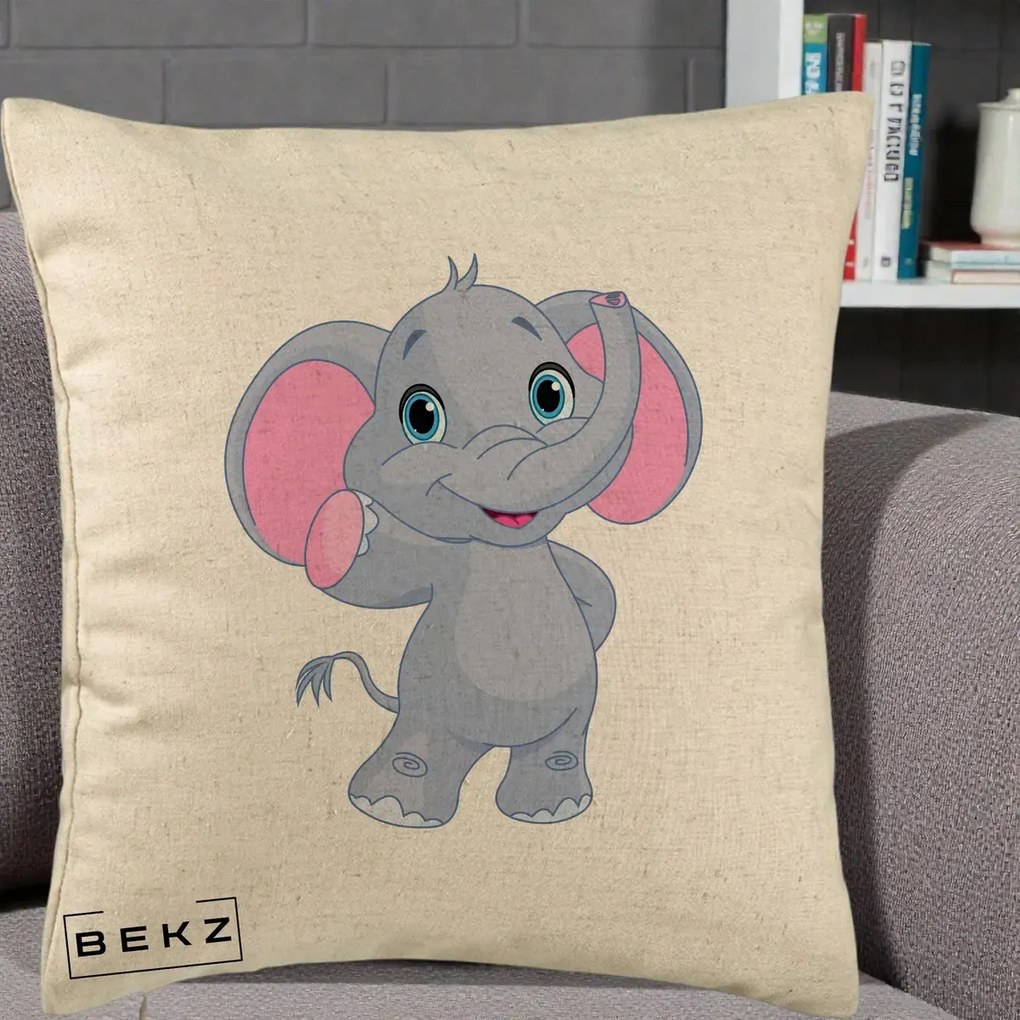 Perna Decorativa Pui de Elefant Kawaii, 40x40 cm, Bej, Husa Detasabila, Perna Inclusa, BEKZ®