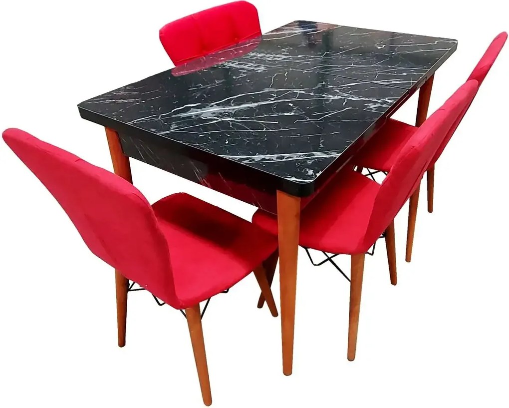 Set masa extensibila cu 4 scaune tapitate Homs cristal negru-rosu110 x 70 cm