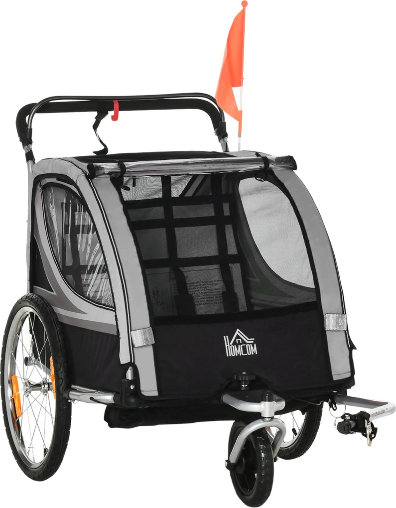 HOMCOM Remorcă pentru bicicletă pentru copii, cărucior pusher, cu frâne, pliabil, pentru 2 copii, Gri/Negru | Aosom Romania
