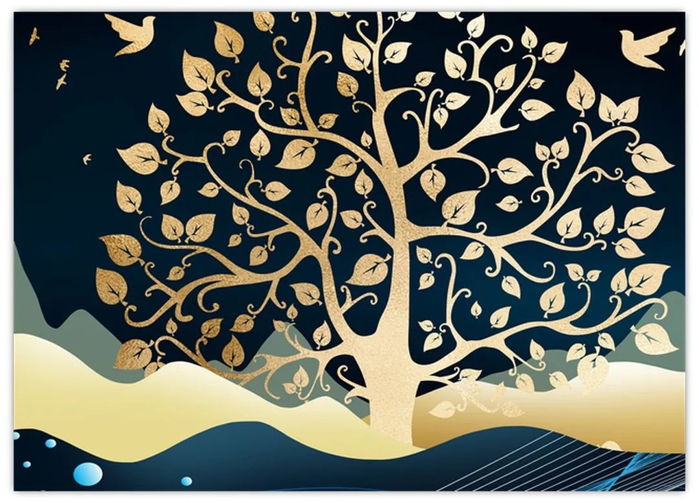 Tablou pe sticlă cu copac auriu (70x50 cm)