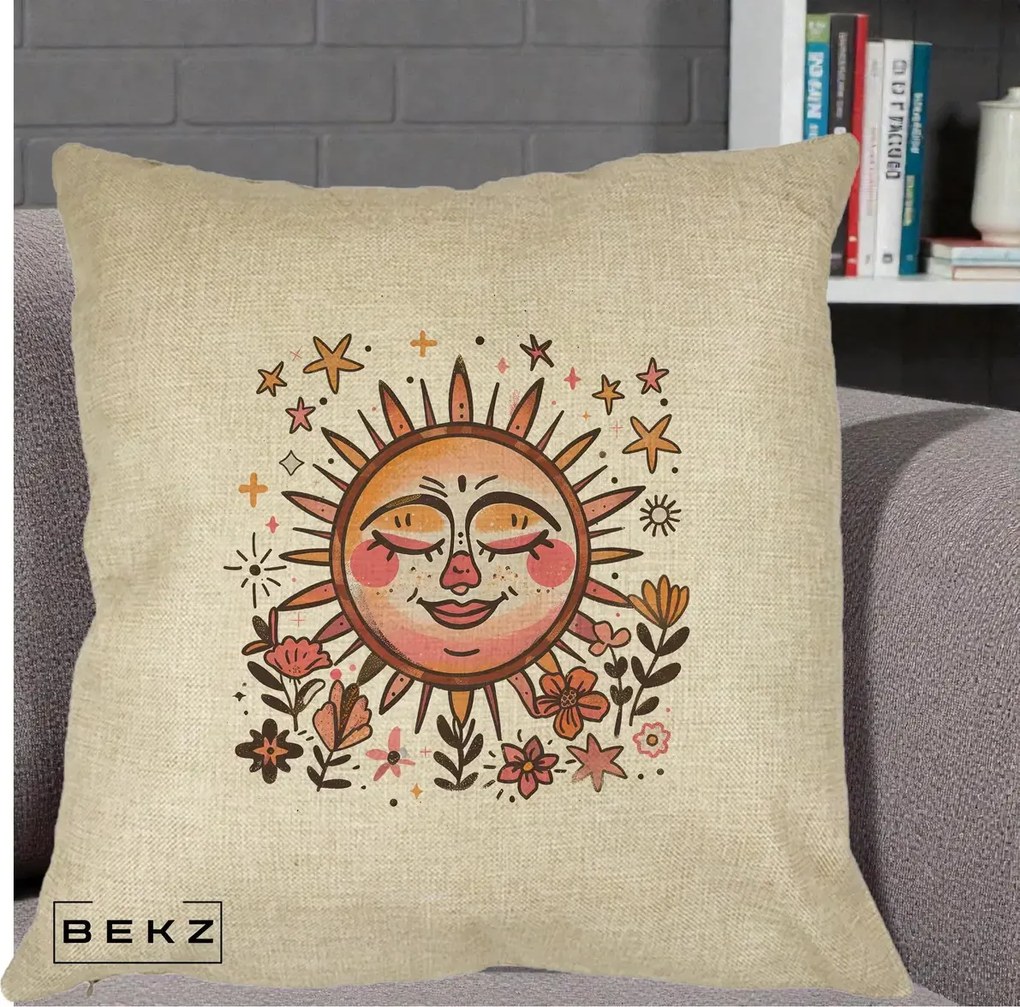 Perna Decorativa Soare Retro Boho Floral, 40x40 cm, Crem, Husa Detasabila, Perna Inclusa, BEKZ®