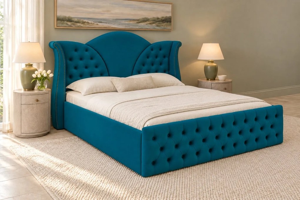 Pat tapițat Chesterfield din catifea Velora 140×200 cm, turcoaz, cu ladă de depozitare