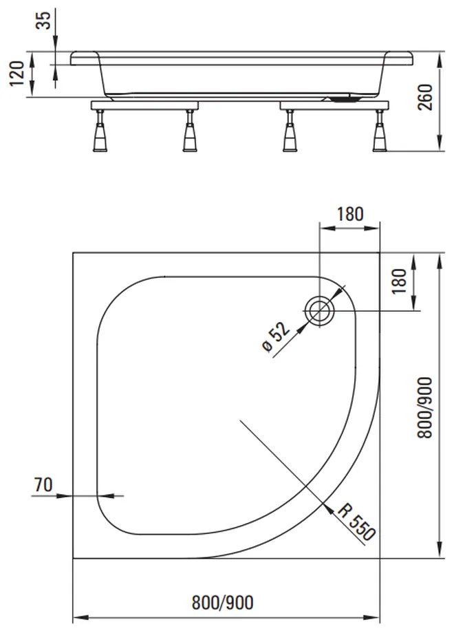 Cadita dus semirotunda alba 90x90 cm Deante Plus II 900x900 mm