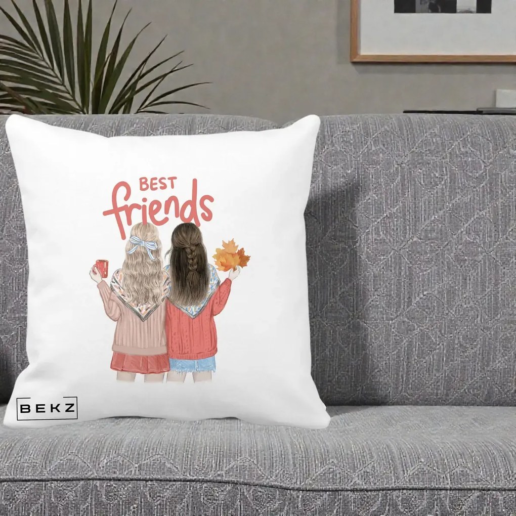 Cadou pentru Prieteni - Perna Personalizata Best Friends Toamna, 40x40 cm, Alba Mata, Husa Detasabila, Perna Inclusa, BEKZ®