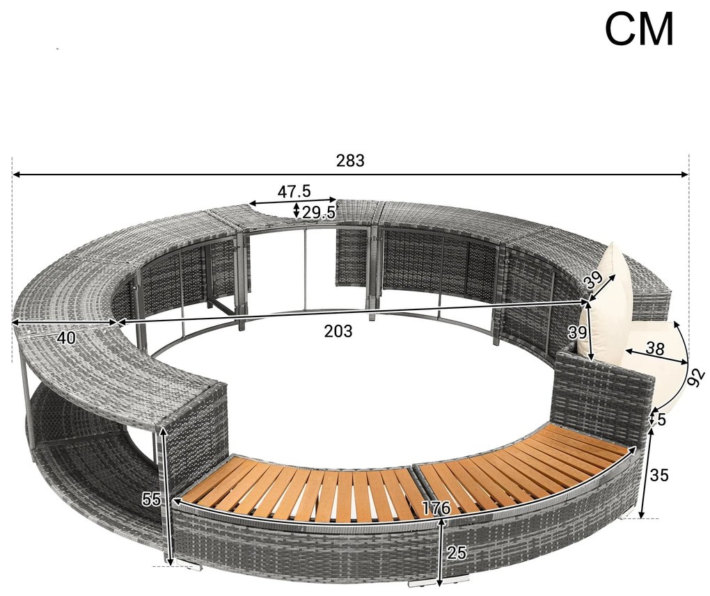 Set de lounge pentru grădină cu canapea rotundă, picioare ajustabile, include perne, pentru jacuzzi și piscină, Gri