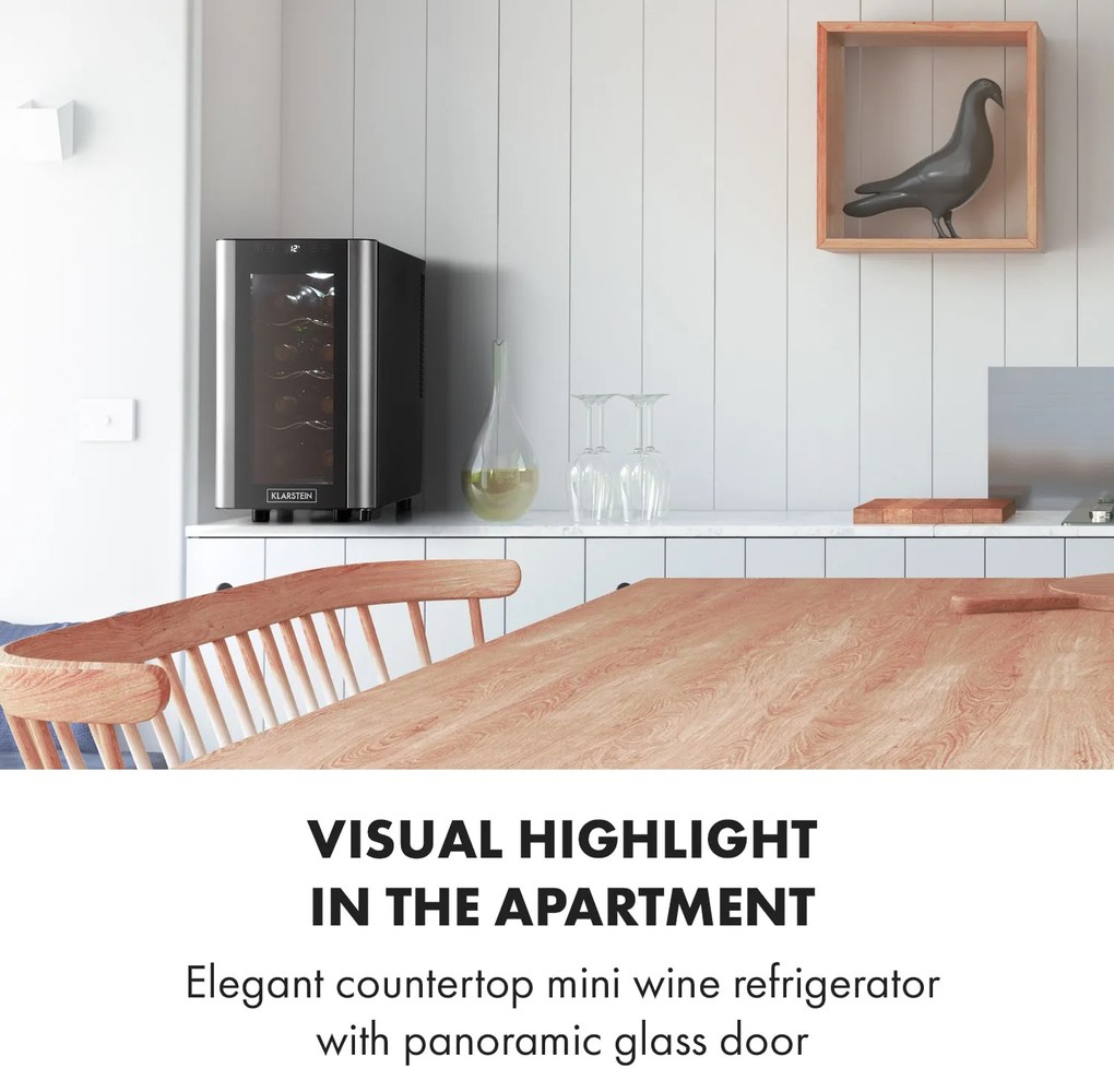 Klarstein Reserva 8 Slim Uno, frigider pentru vin, 23 litri, 8 sticle, 11 - 18 ° C, 26 dB, oțel inoxidabil