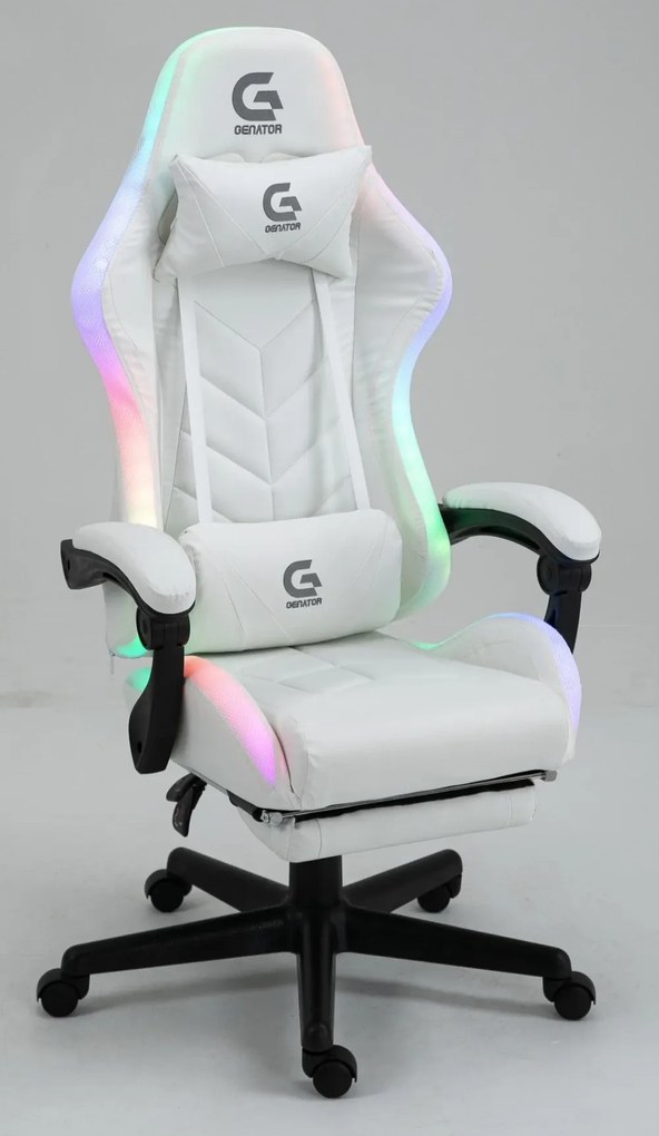 RESIGILAT- Scaun gaming, sistem iluminare bandă LED RGB, masaj în perna lombară, suport picioare, Alb