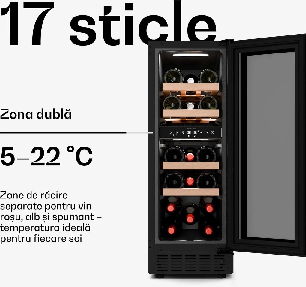 Klarstein Velaire frigider de vin încorporabil | Modern, elegant | Protecție UV | Dual-Zone | 17 sticle