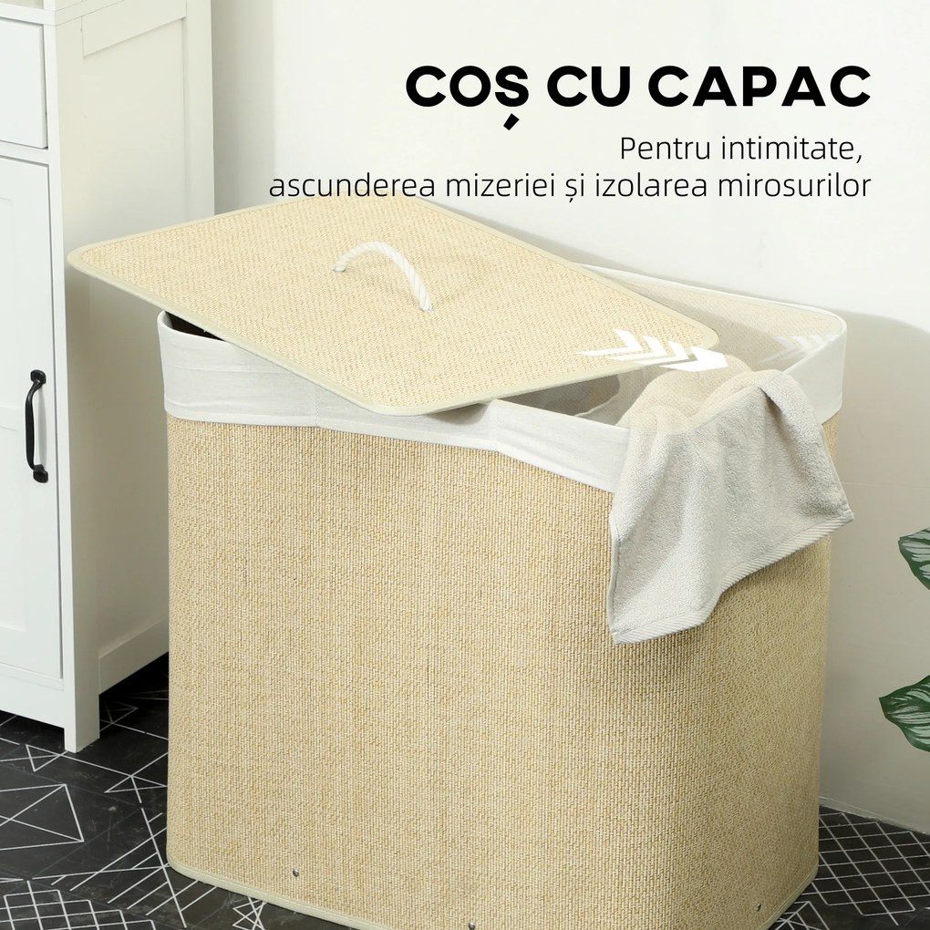HOMCOM Coș pentru Rufe din Bambus cu Capac, 144L, 3 Compartimente, Sac Detașabil și Lavabil, Mânere, Crem | Aosom Romania