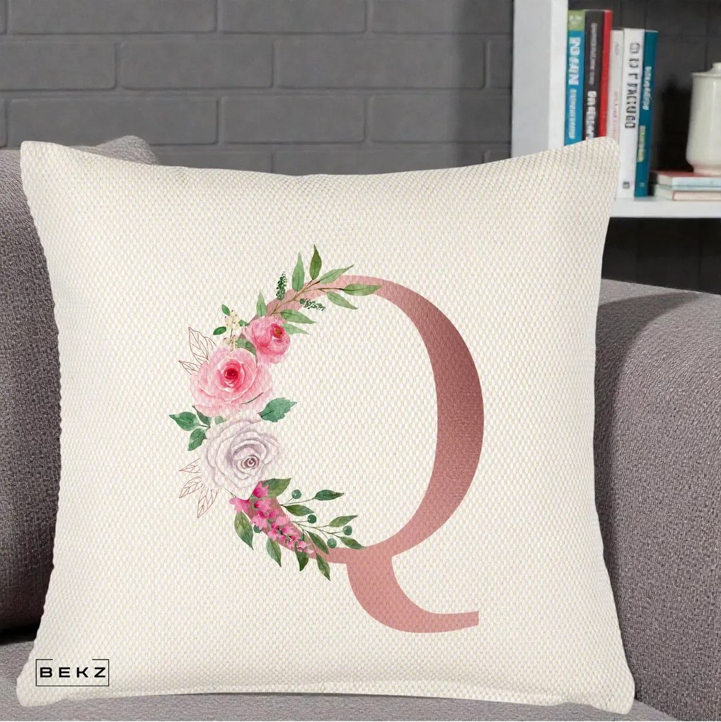 Cadou Personalizat - Perna Personalizata Monograma Rose Gold Litera Q, 40x40 cm, Crem Reliefat, Husa Detasabila, Perna Inclusa, BEKZ®