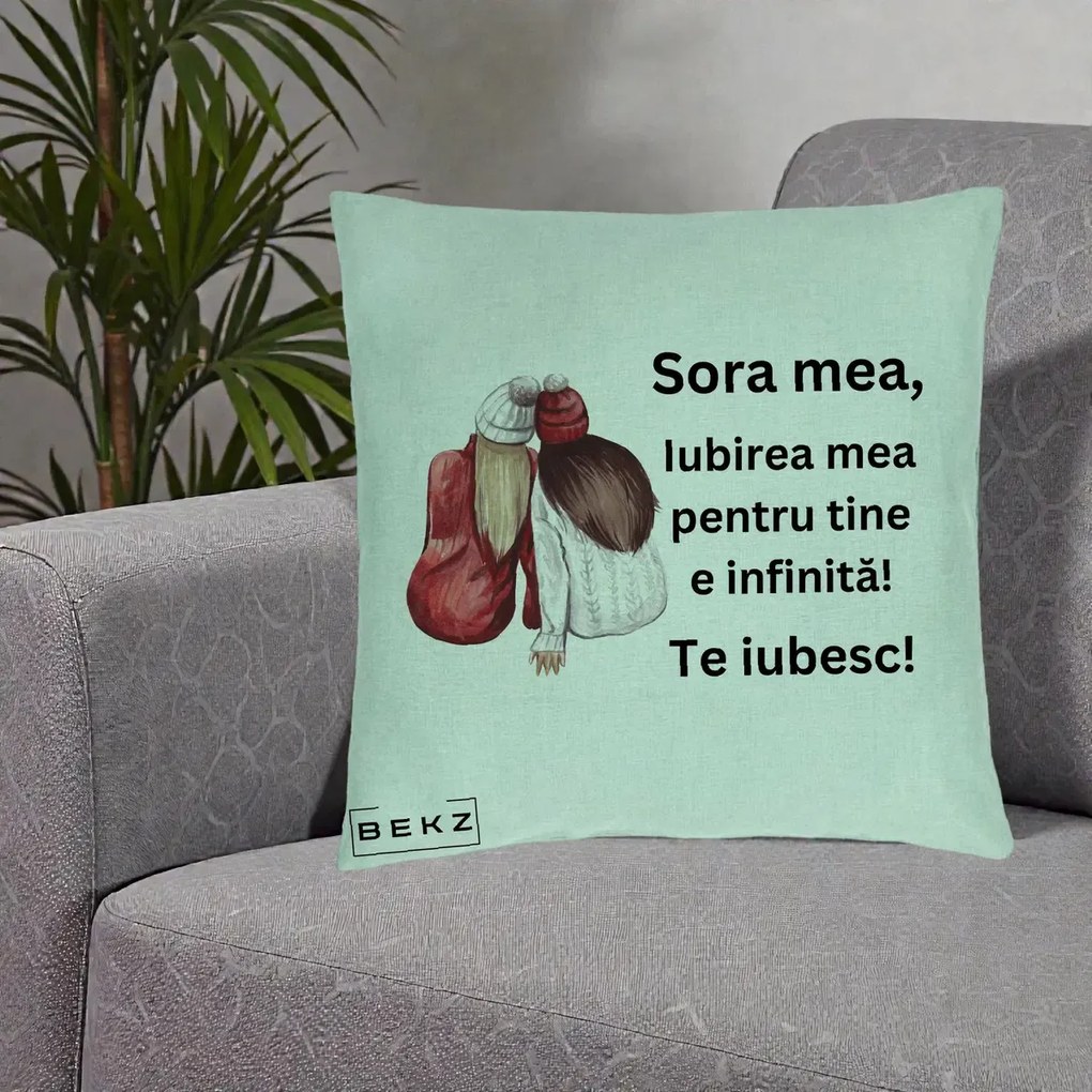 Cadou pentru Sora - Perna Personalizata Sora Mea Te Iubesc Doua Fete Iarna Acuarela, 40x40 cm, Verde Menta, Husa Detasabila, Perna Inclusa, BEKZ®