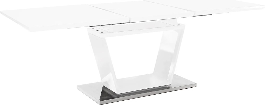 Masă dining, pliabilă, alb luciu extra ridicat / oţel, 160-220x90 cm, PERAK