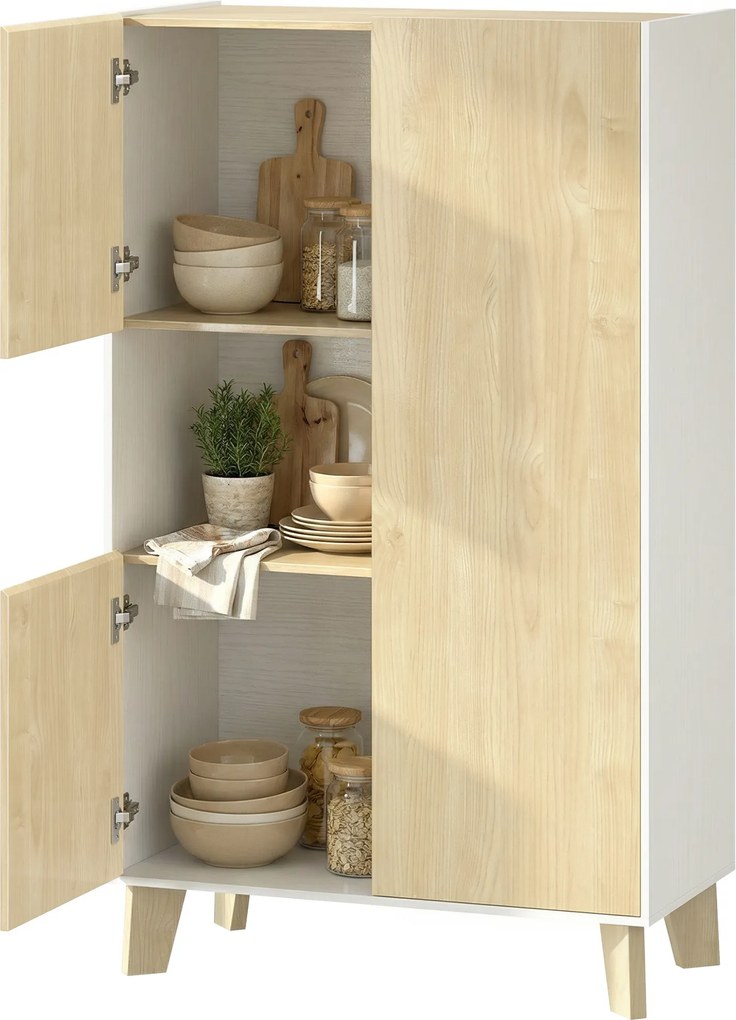 HOMCOM Bufet pentru living, mobilier de depozitare cu 6 compartimente și uși cu închidere amortizată, 80x40x135cm, alb și lemn natural | Aosom Romania