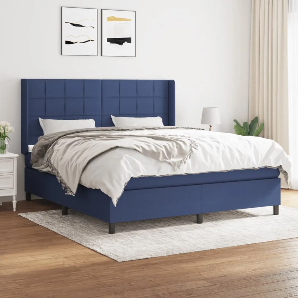 vidaXL Pat continental cu saltea, albastru, 160x200cm, material textil
