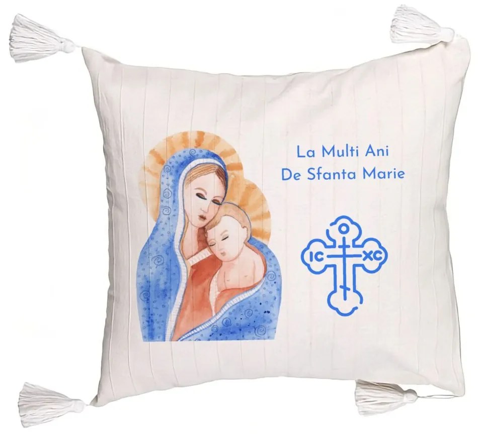 Perna Decorativa cu Franjuri, Model La multi ani de Sfanta Maria, 45x45 cm, Ecru, Cu fermoar