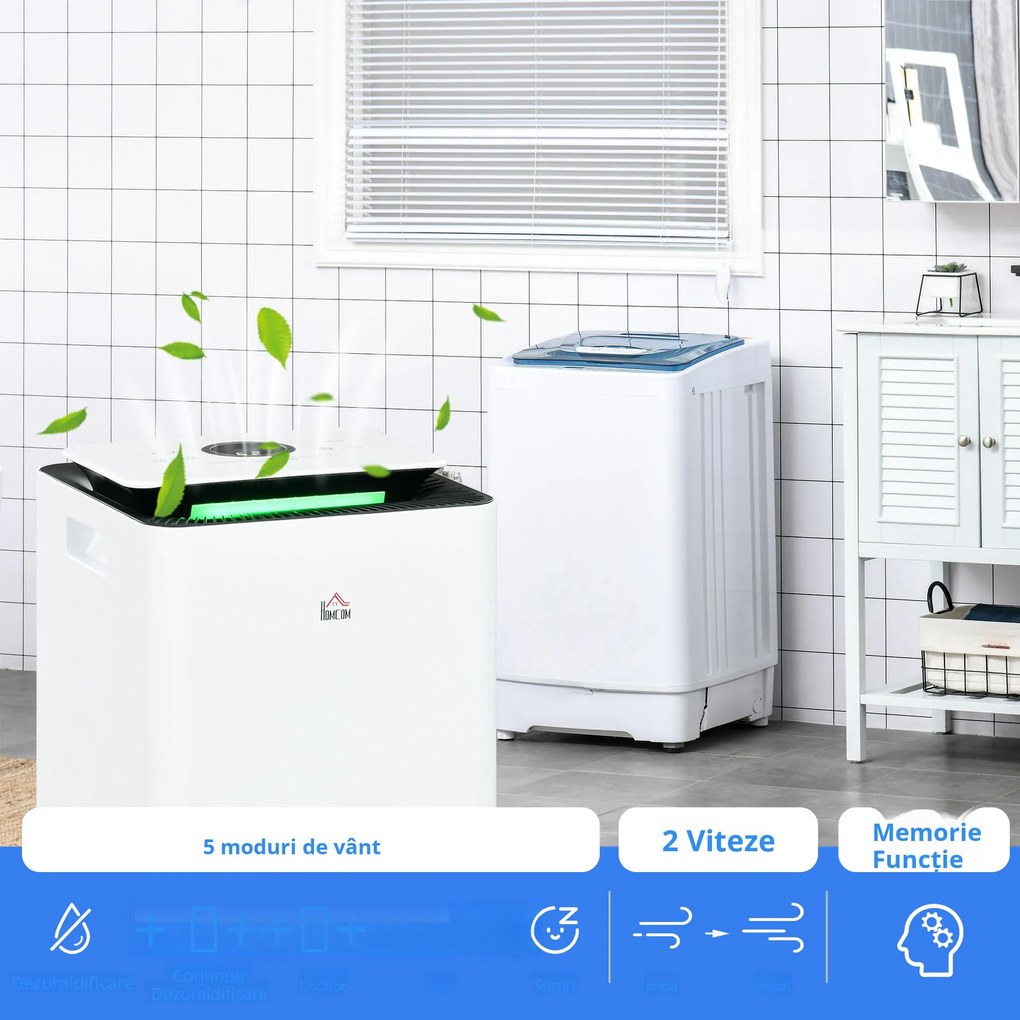 HOMCOM Dezumidificator de 12L din ABS cu 5 Modalitati, 2 Viteze, Temporizator de 24h si Design Silentios, 25x25x50.5 cm, Alb si Negru