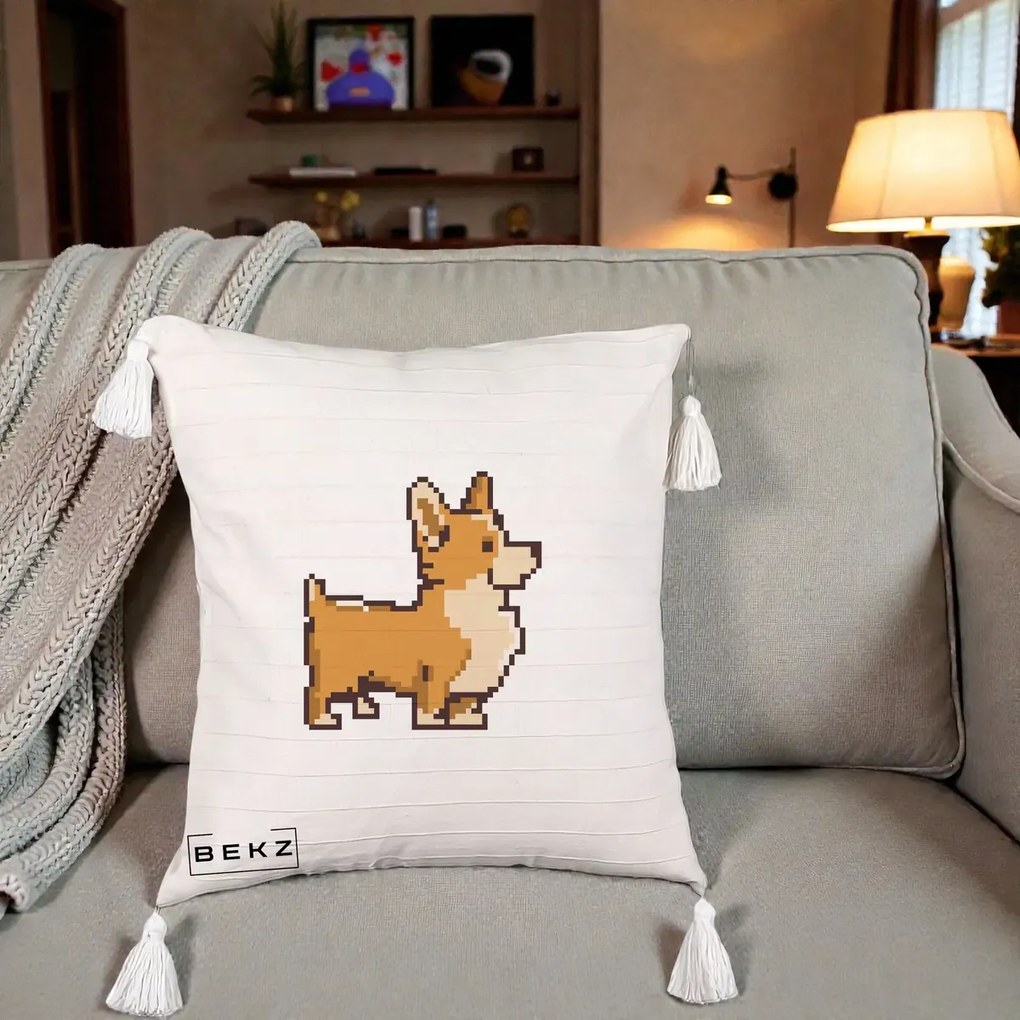 Perna Personalizata Corgi Pixel Art, 40x40 cm, Bej cu Franjuri, Husa Detasabila, Perna Inclusa, BEKZ®