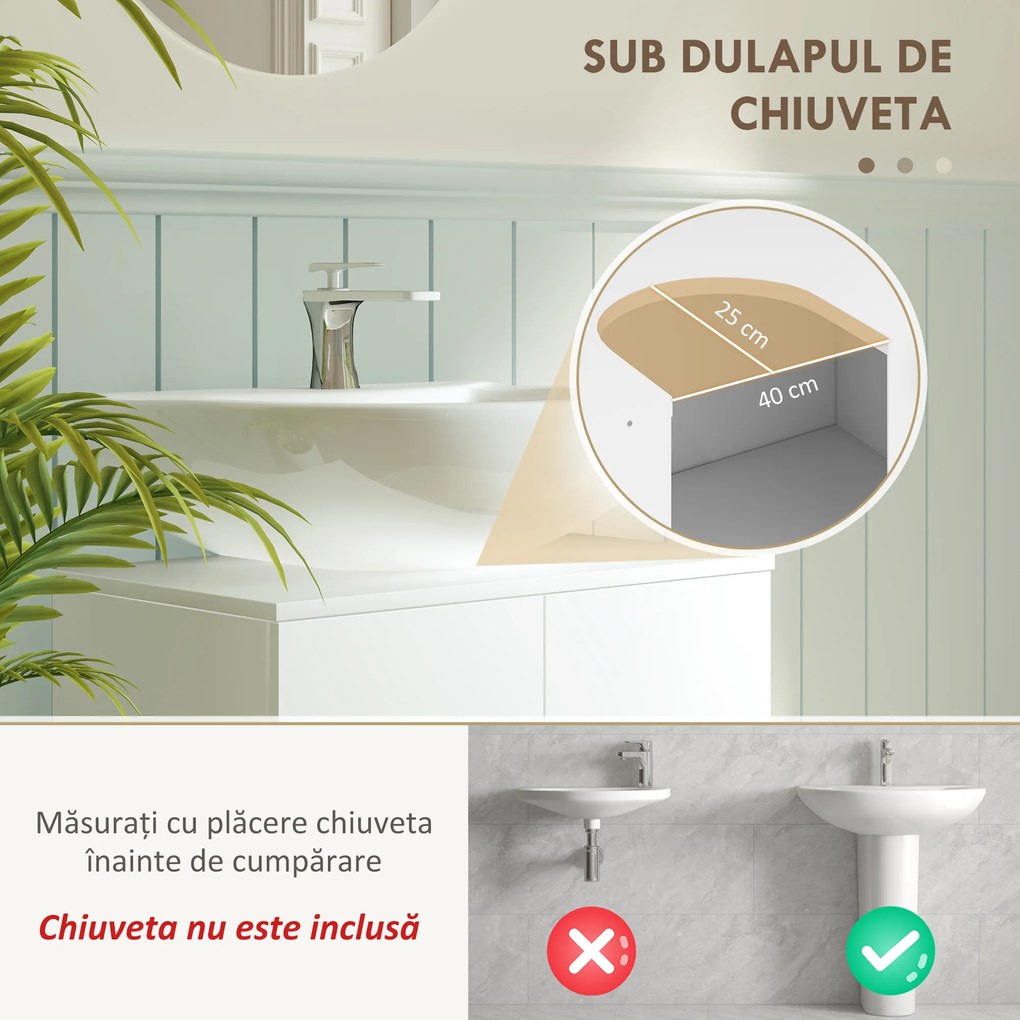 HOMCOM Dulap Baie Sub Chiuvetă, cu 2 Uși, Raft Central, Mâner și Picioare Antiderapante, 60x35x60 cm, Alb Lucios | Aosom Romania