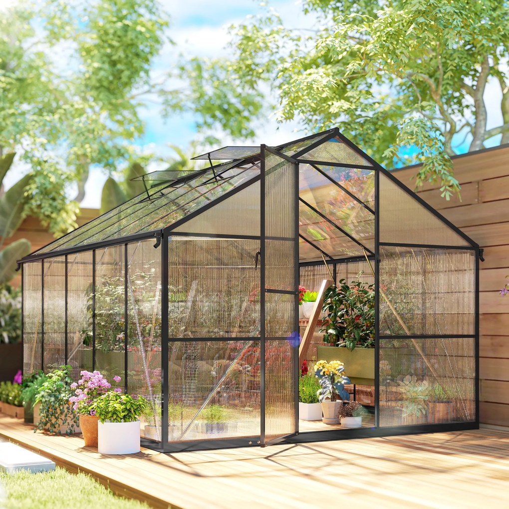 Seră de grădină Outsunny din aluminiu și policarbonat, 7,5㎡, cu ușă cu balamale, 2 ferestre reglabile, sistem de drenaj, anti-UV, 304x247x205cm, negru | Aosom Romania