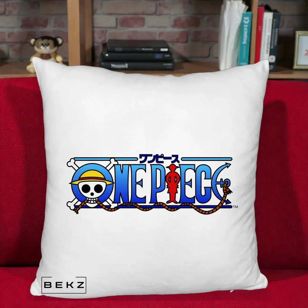 Perna Personalizata One Piece Clasic Albastru, 40x40 cm, Alb Pufos, Husa Detasabila, Perna Inclusa, BEKZ®