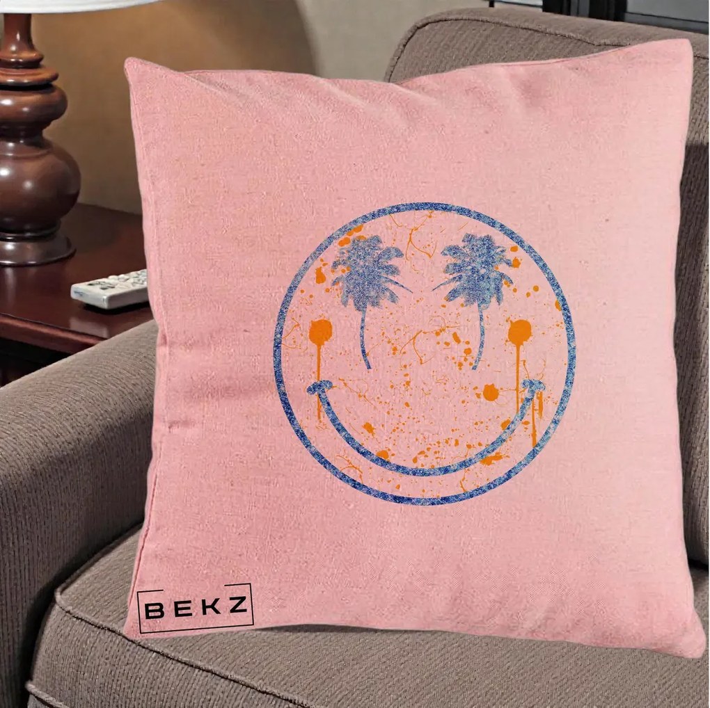 Perna Decorativa Smiley Face Tropical Albastru Glitter si Portocaliu, 40x40 cm, Roz, Husa Detasabila, Perna Inclusa, BEKZ®