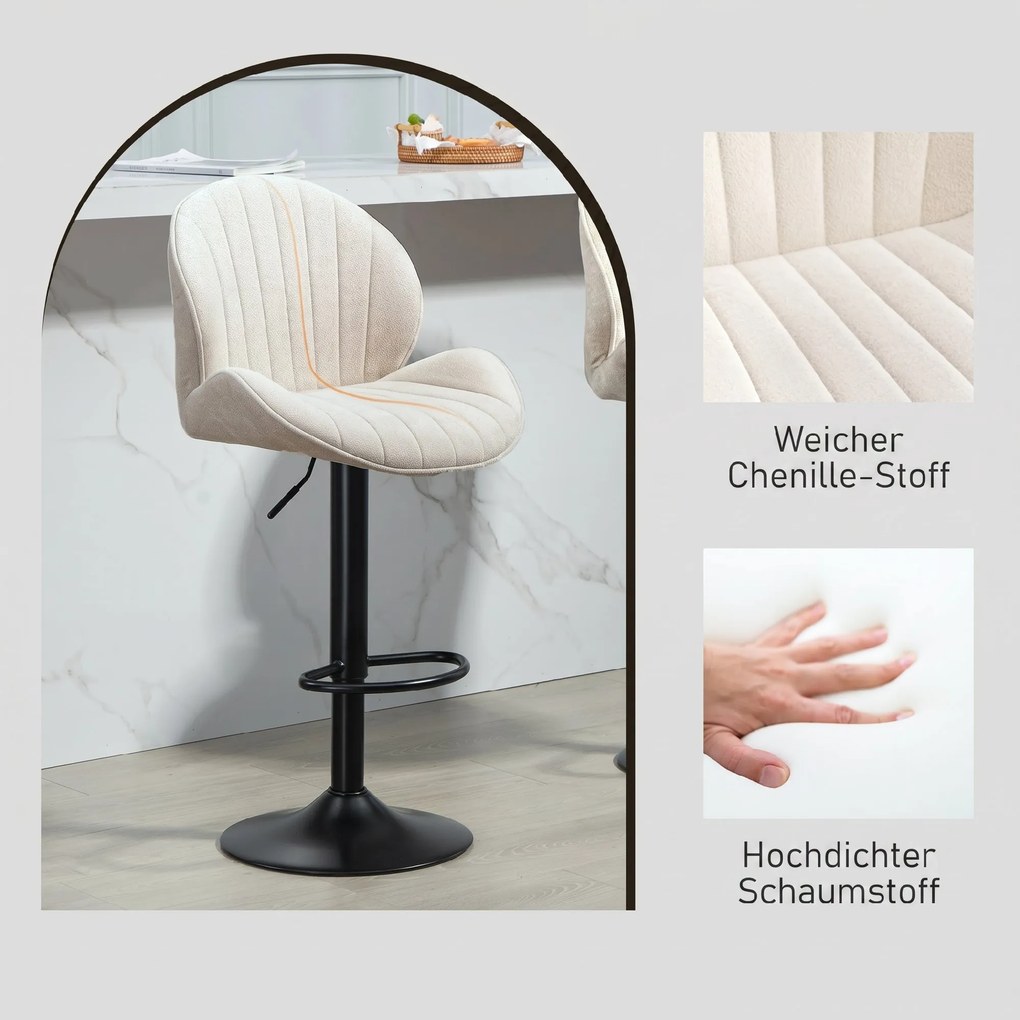HOMCOM Set de 2 Scaune de Bar cu Suport pentru Picioare, din Țesătură cu Efect de Cinilie, 48x50x94-115 cm, Negru și Bej | Aosom Romania