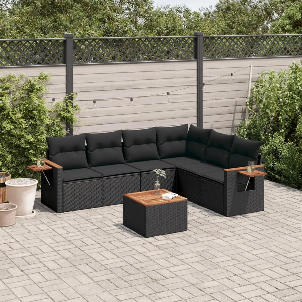 vidaXL Set canapele de grădină cu perne, 7 piese, negru, poliratan