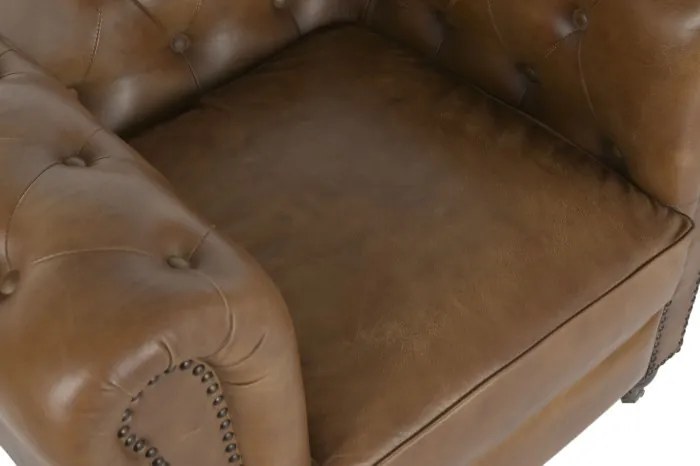 Fotoliu Chesterfield din piele naturală maro cu aspect antichizat, capitonat cu nasturi, stil clasic vintage, 90 x 80 x 77 cm, „Wellington”