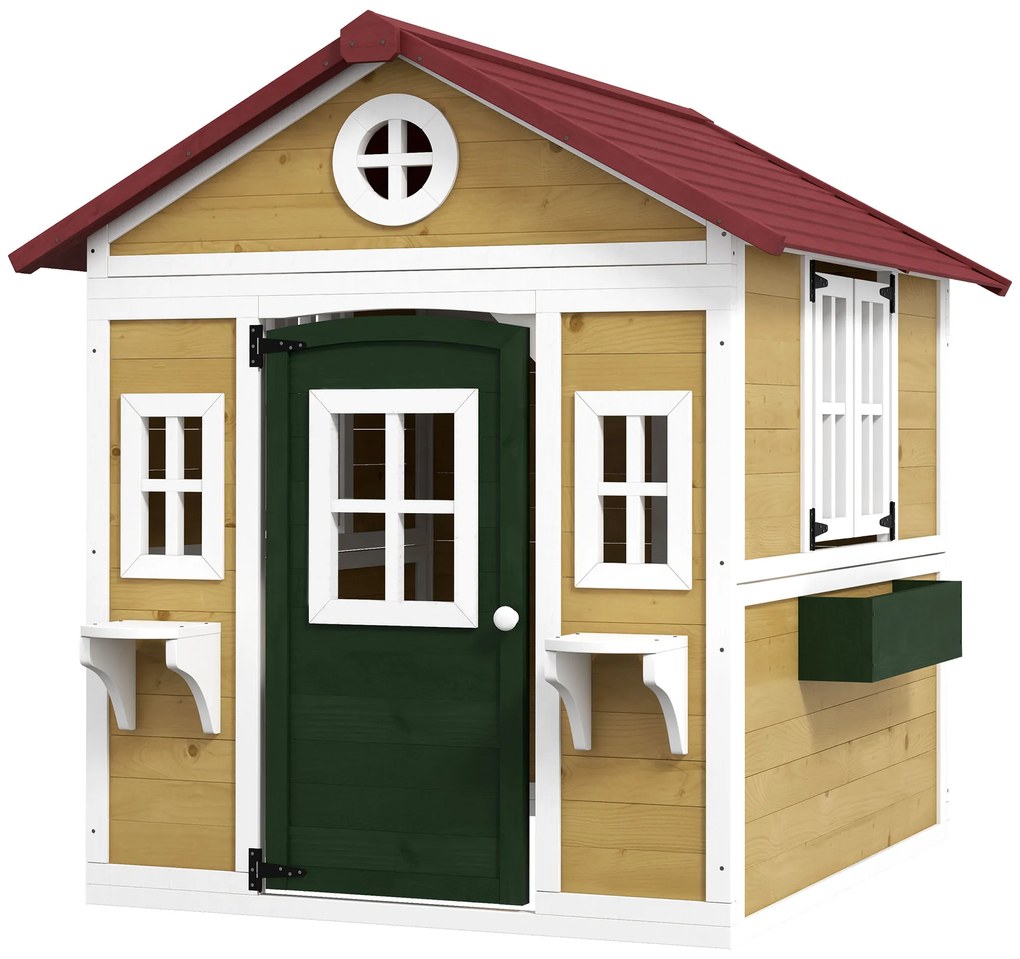 Outsunny Căsuță de exterior pentru copii, casă de joacă exterioară cu ușă, ferestre și jardiniere 114 x 126,4 x 135 cm bej | Aosom Romania