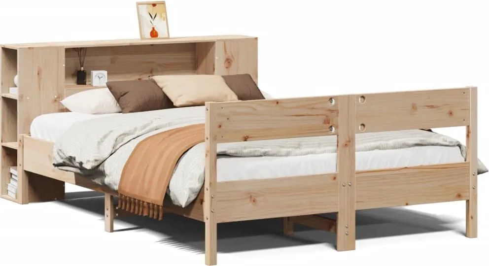 vidaXL Pat cu bibliotecă fără saltea, 135x190 cm, lemn masiv de pin